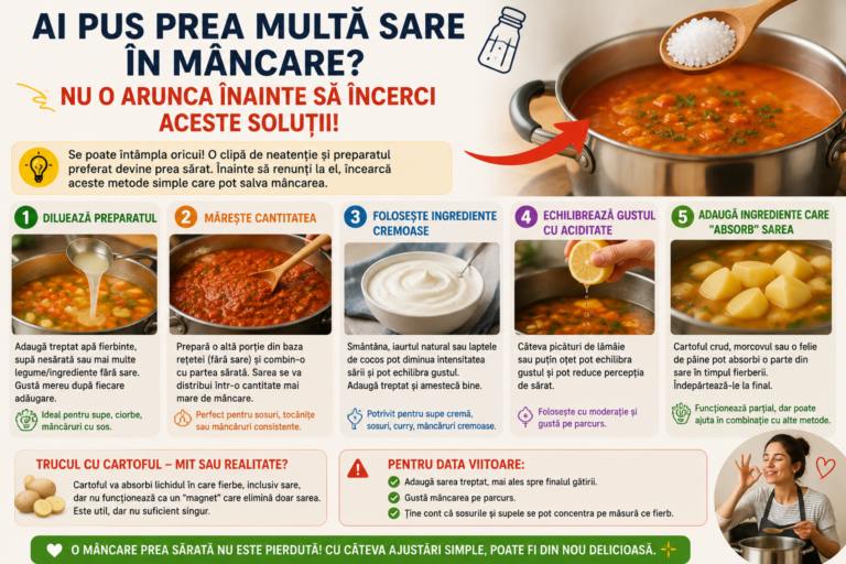 🍲 Ai pus prea multă sare în mâncare? Nu o arunca înainte să încerci aceste soluții