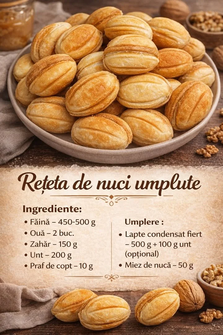 Nucile umplute cu lapte condensat sunt o delicatesă dulce care nu poate lipsi dintr-un platou de prăjituri pentru orice ocazie. Am descoperit această rețetă în copilărie, când mama le pregătea în timpul sărbătorilor de iarnă. Combinația de nuci crocante și umplutură cremoasă de lapte condensat cu arome de vanilie este pur și simplu irezistibilă. Această rețetă nu doar că aduce un zâmbet pe fețele celor dragi, dar este și foarte ușor de realizat, fiind perfectă pentru a fi preparată împreună cu copiii sau pentru a impresiona oaspeții.