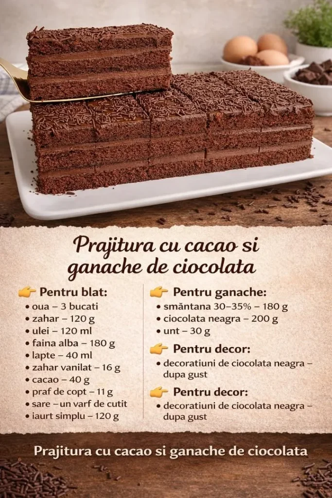 Deschiderea unui articol despre o prăjitură duce întotdeauna la o explozie de emoții. Prajitura cu cacao și ganache de ciocolată este una din acele rețete care aduc zâmbete pe chipurile celor dragi. De fiecare dată când o prepar, îmi amintesc de după-amiezele petrecute în bucătărie cu bunica, unde fiecare ingredient părea să aibă propria poveste. Această prăjitură este ideală pentru momente speciale sau pur și simplu pentru a spori dulceața zilelor obișnuite. Dintr-o combinație simplă de ingrediente de bază, obții un desert decadent, perfect pentru iubitorii de ciocolată.